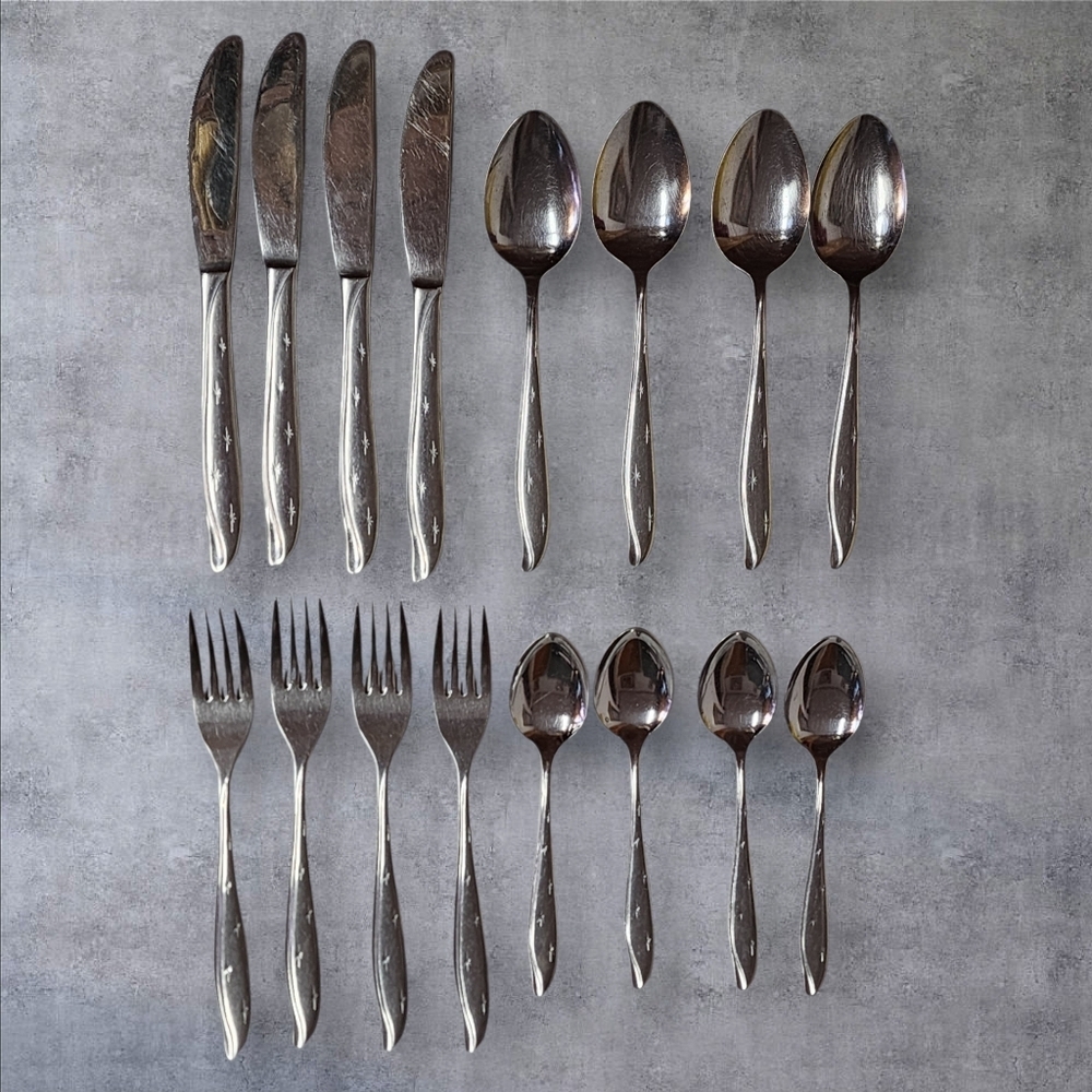 Vintage Starburst Stainless Steel Japan Flatware Service For 4 Spoons Fork Knife